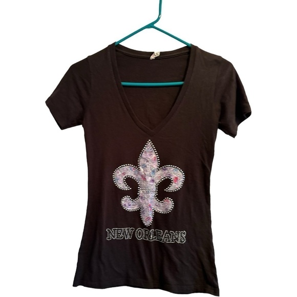New Orleans Black Tee Shirt Womens Small Embellished Metallic Fluer-de-lis - Picture 10 of 14